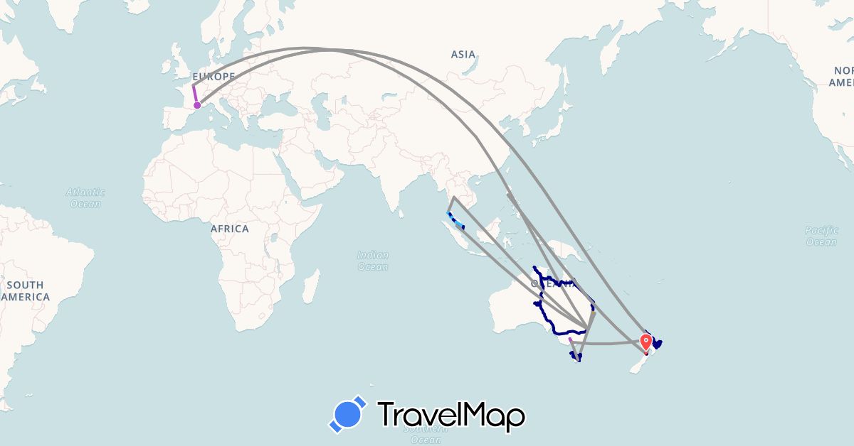 TravelMap itinerary: driving, bus, plane, train, hiking, boat, hitchhiking in Australia, China, France, Malaysia, New Zealand, Philippines, Singapore, Thailand (Asia, Europe, Oceania)